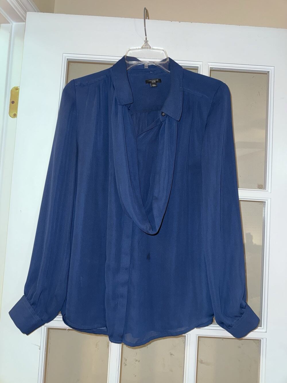 Ann Taylor Multi-Way Long Sleeve Navy Blue Sheer Draped Blouse 12P